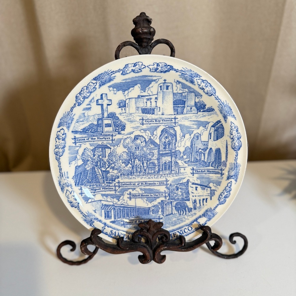 Vernon Kilns Santa Fe New Mexico Souvenir Plate Blue Transferware S. Spitz USA